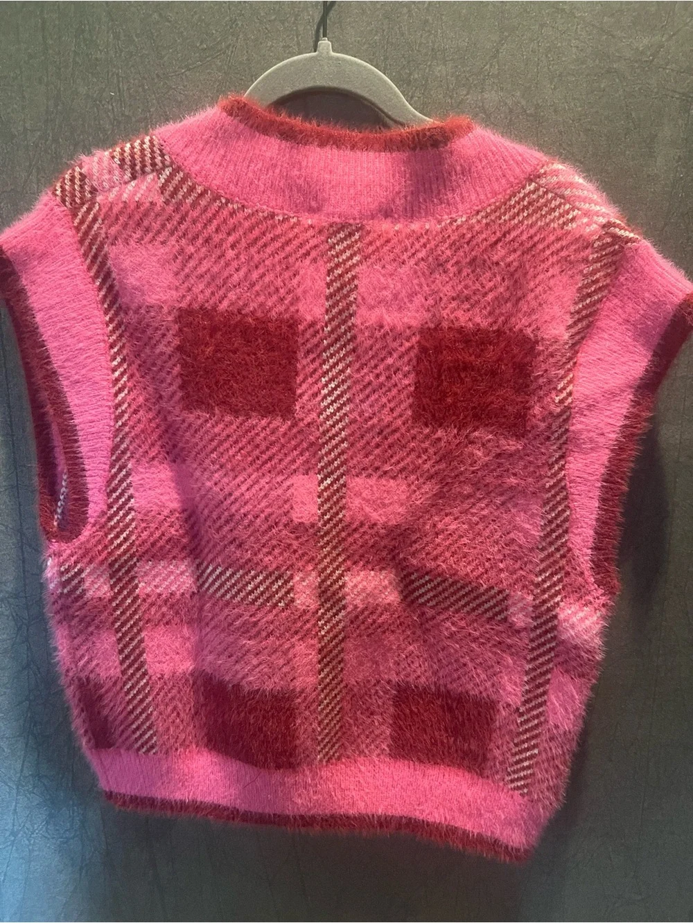 English Factory Pink and Burgundy Plaid V-Neck Sweater Vest/Short Sleeved